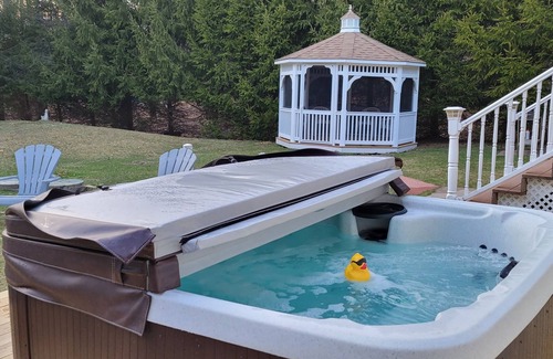 Albrightsville House | Luxury Home with Sauna, Hot Tubs, Game Room, Short Walk to Lake, King Beds