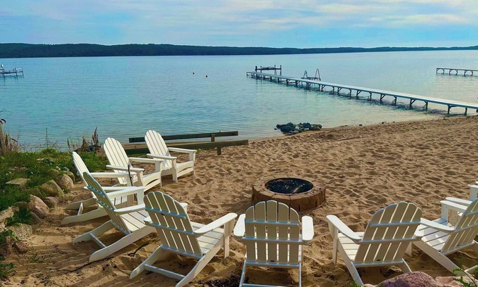 Lake Township House | Crystal Lake Hillside with Private Sandy Beach and Hot Tub!